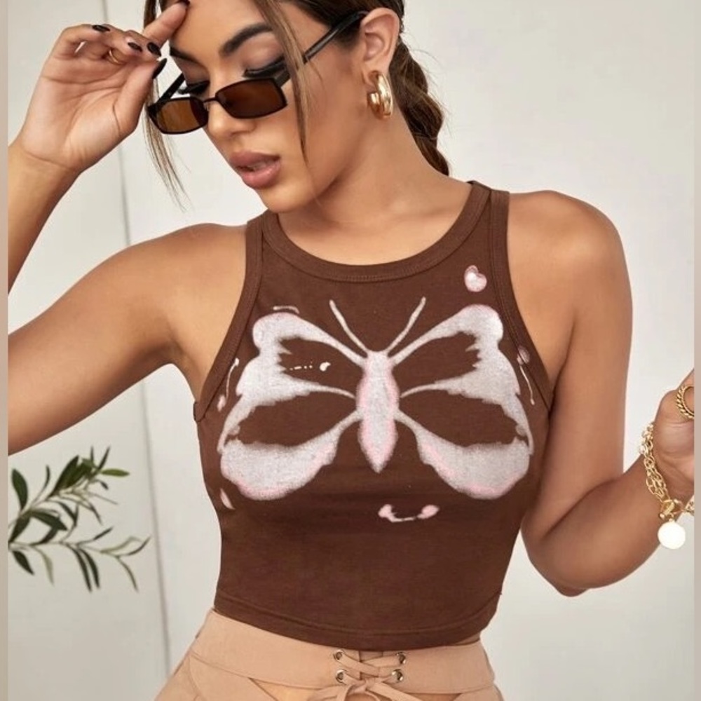 Butterfly print crop tank top size small NWT